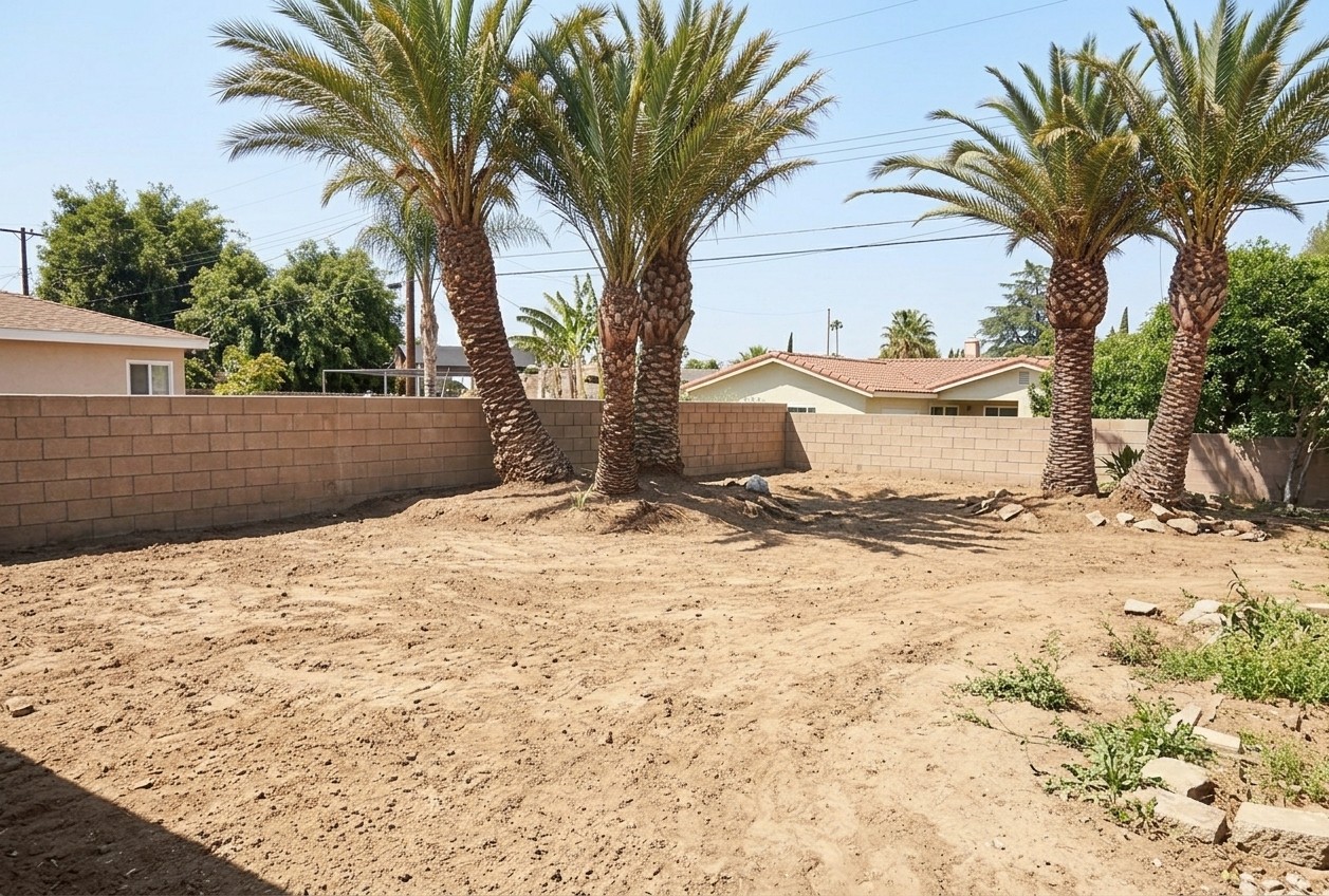Fontana backyard before — bare dirt lot with palm trees