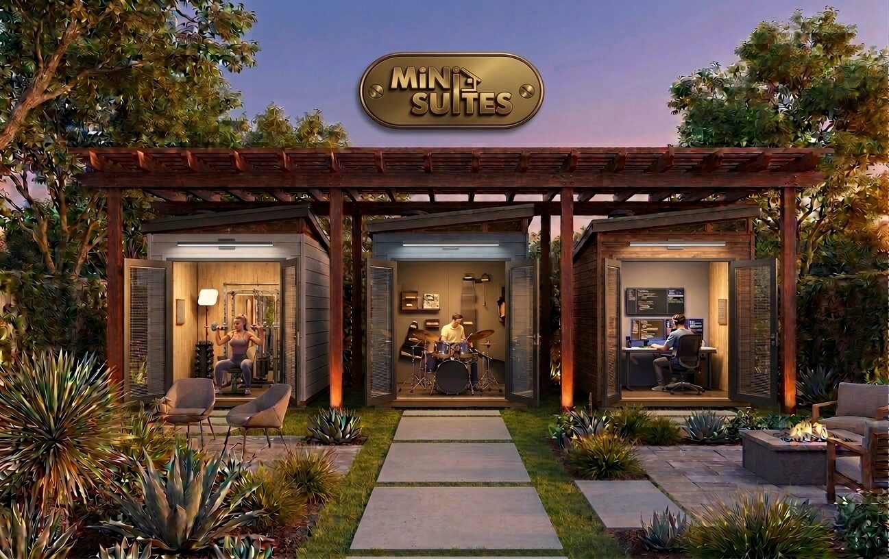 Backyard MiniSuites with doors open showing gym, music studio, and home office